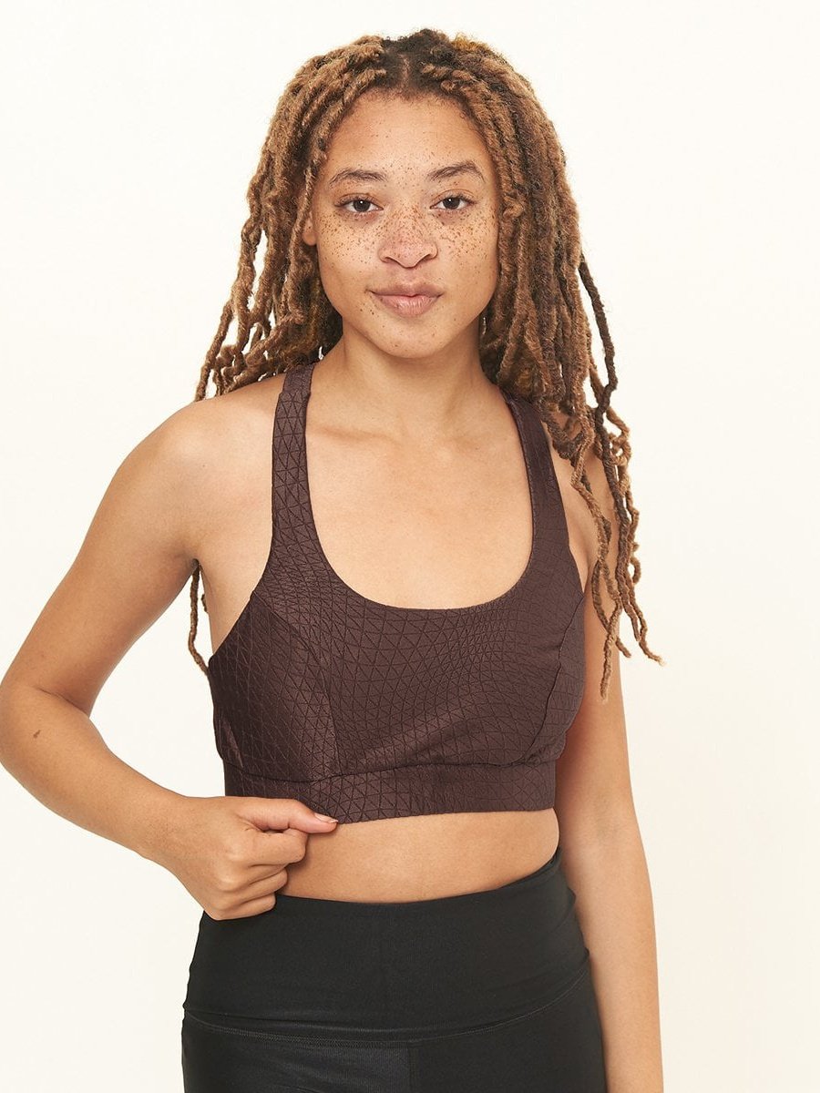 Cross Back Performance Bra Top- Bark Cube Pattern