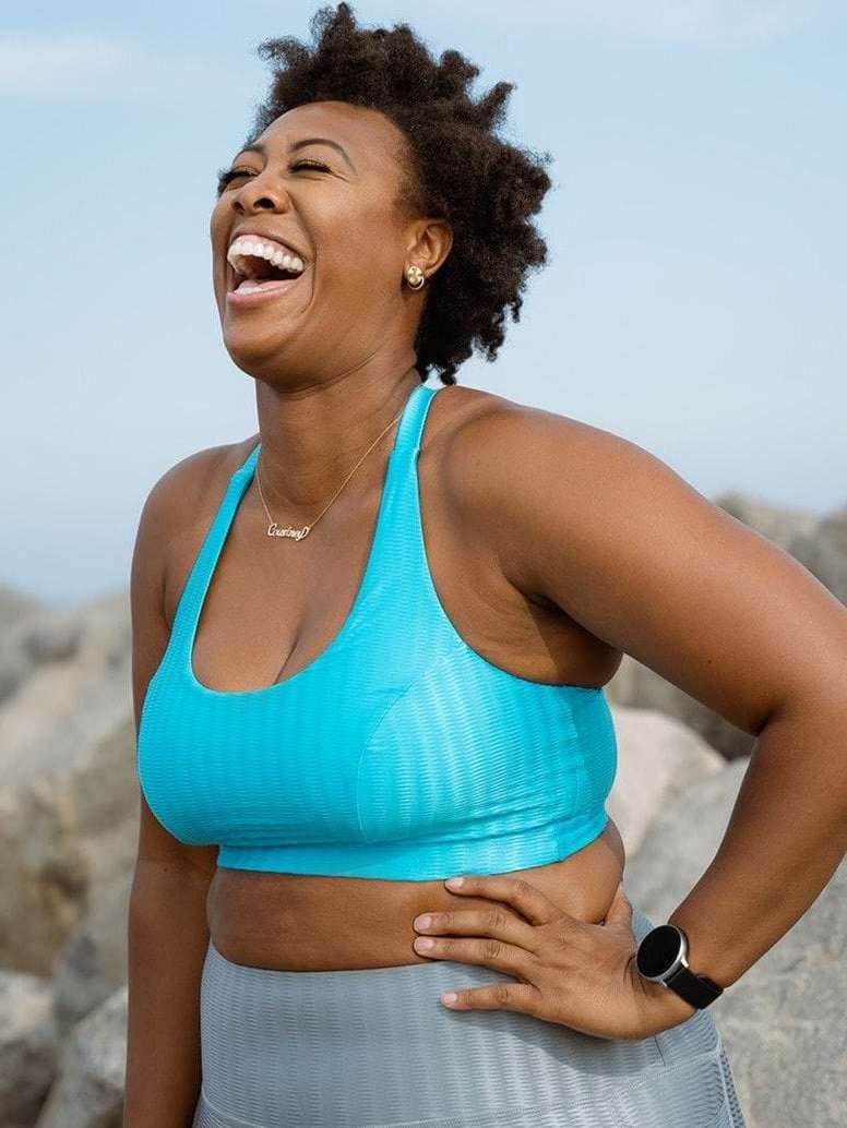 Cross Back Performance Bra Top - Blue Sky Zap Pattern