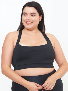 Square Neck Performance Bra - Black Solid