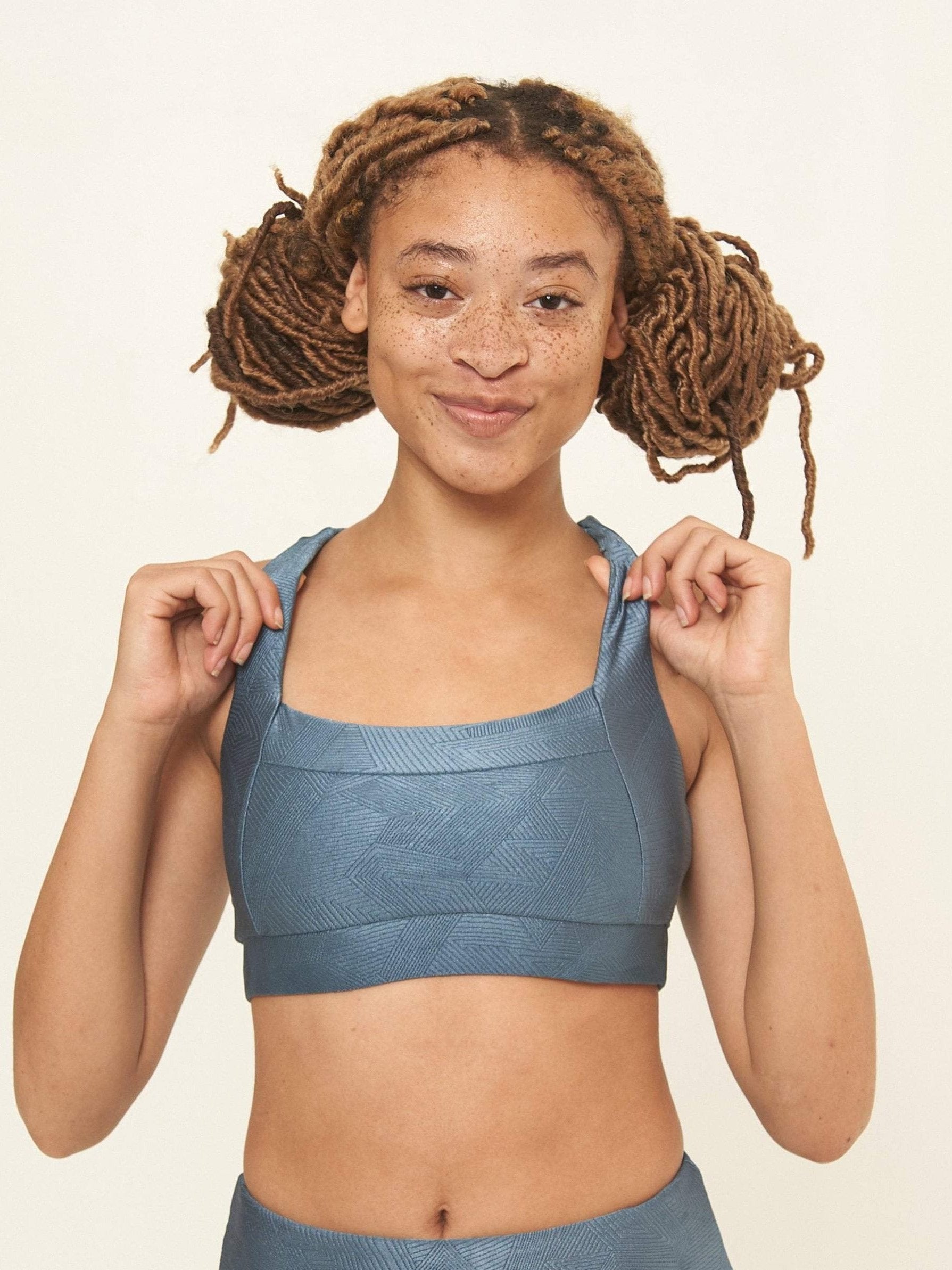 Square Neck Performance Bra - Slate Blue Geo Pattern